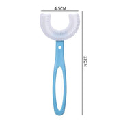 Large U-shaped toothbrush in pink, ergonomically designed for young children.