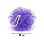 Six vibrant bath loofah poufs displayed together.