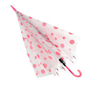A partially closed white umbrella with pink polka dots and a pink curved handle is shown against a white background.
