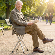 Portable walking stick stool with tripod base and comfortable seat