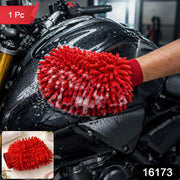 A red microfiber chenille wash glove with suds on a black motorcycle tank, with a smaller inset image of the glove. (1 Pc)